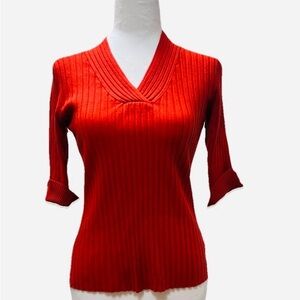 CATO Women's Ribbed V-necked Fire Orange Sweater with Cuffed Sleeves M